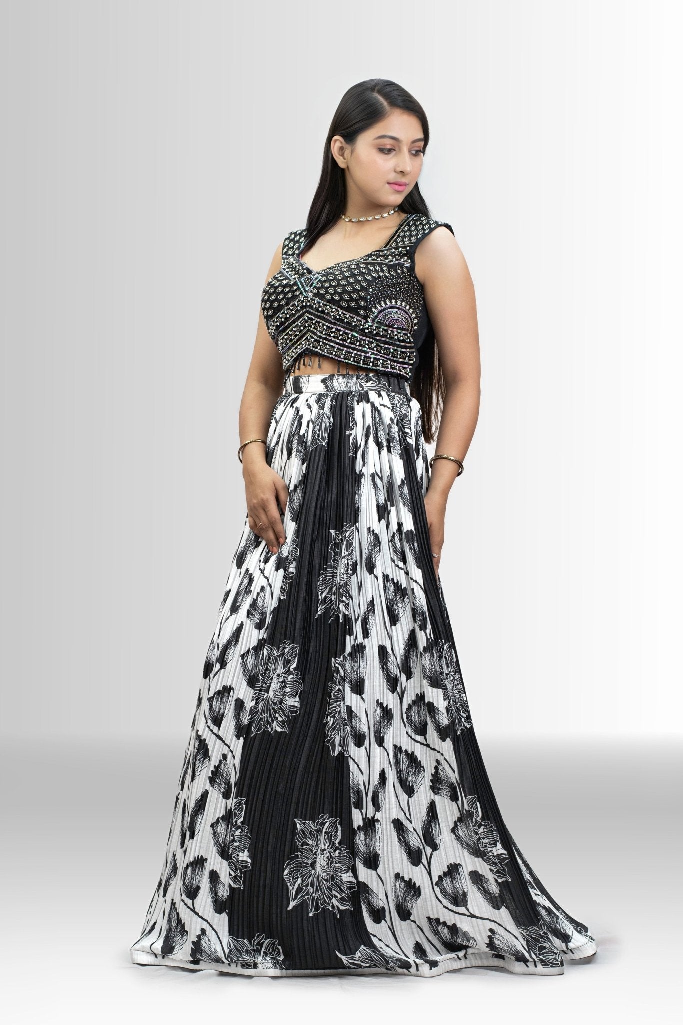 Black & White Crop Top Lehenga with Ruffled Dupatta