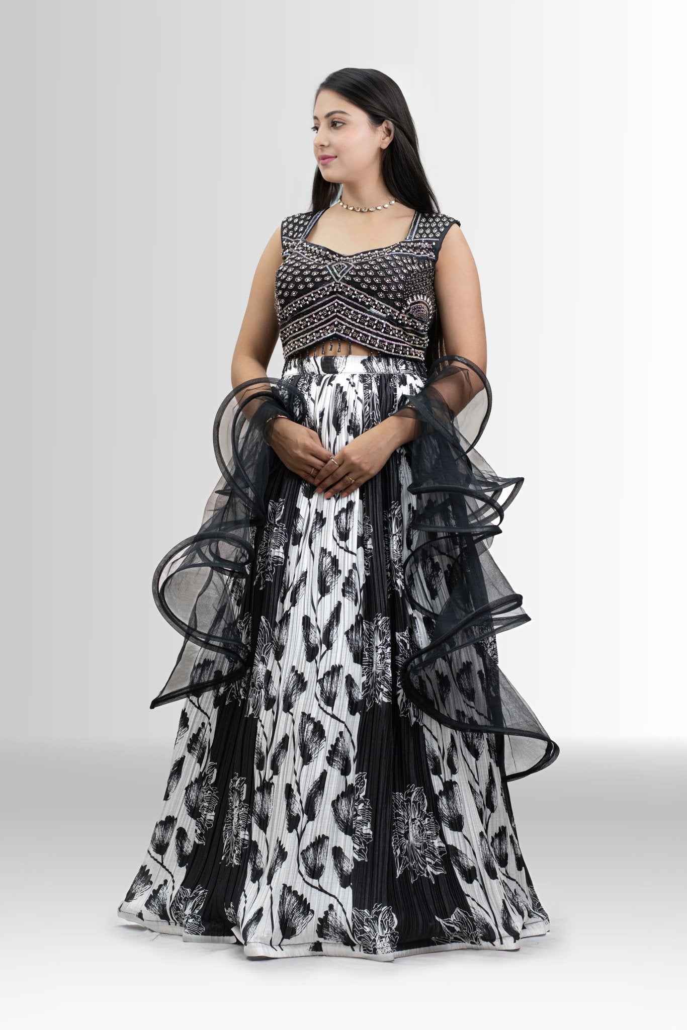 Black & White Crop Top Lehenga with Ruffled Dupatta