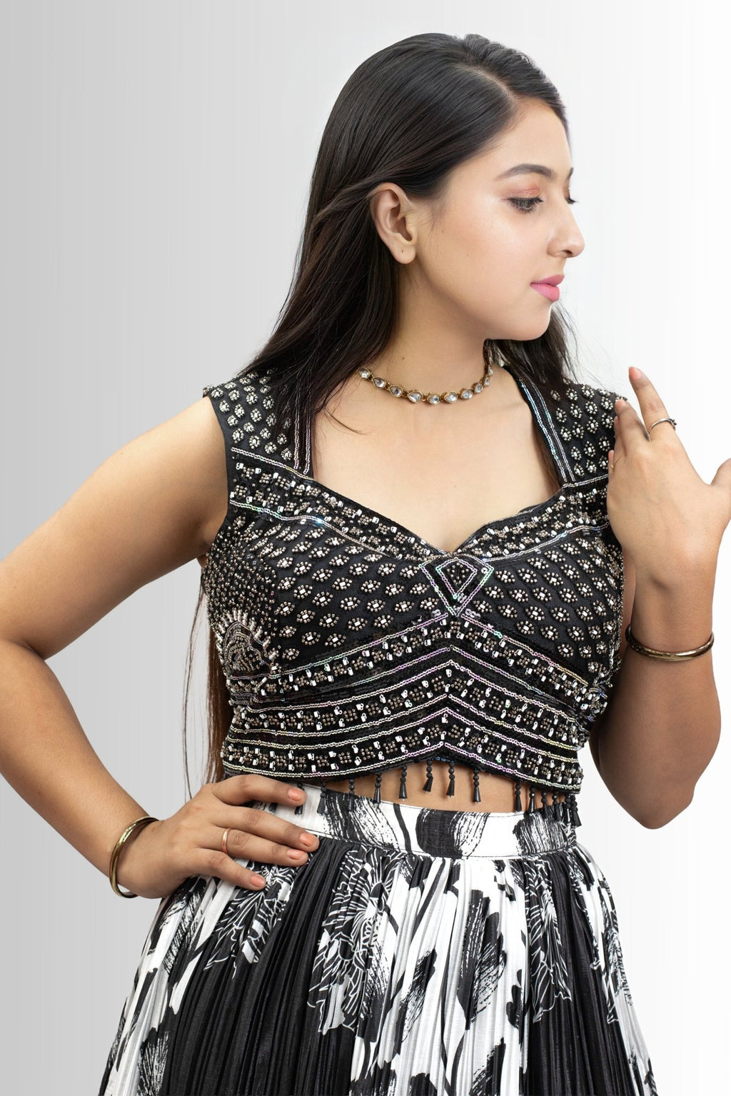 Black & White Crop Top Lehenga with Ruffled Dupatta