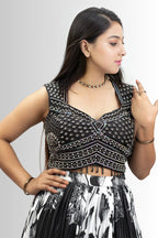 Black & White Crop Top Lehenga with Ruffled Dupatta