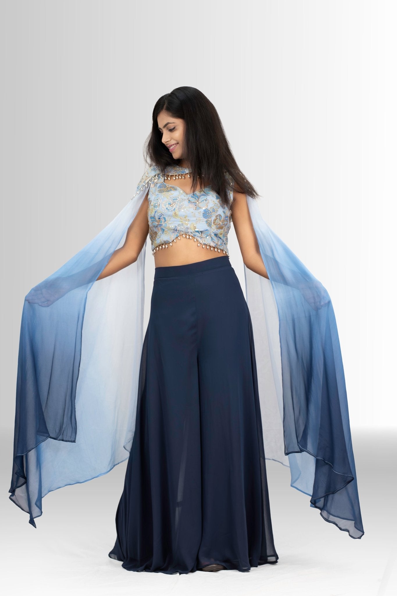 Blue Azure Dream Ombré Cape & Palazzo Indo Western