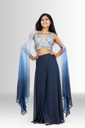 Blue zari top with palazzo and cape indo western
