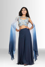 Blue zari top with palazzo and cape indo western