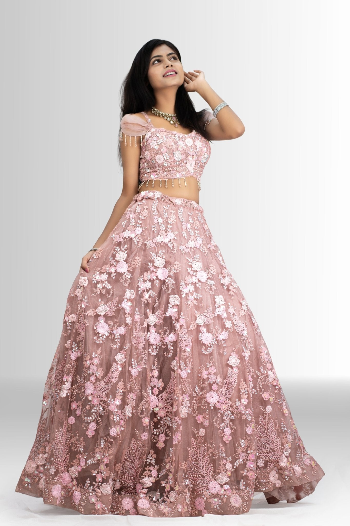 Stylish Blush Bloom 3D floral lehenga set – festive designer wear