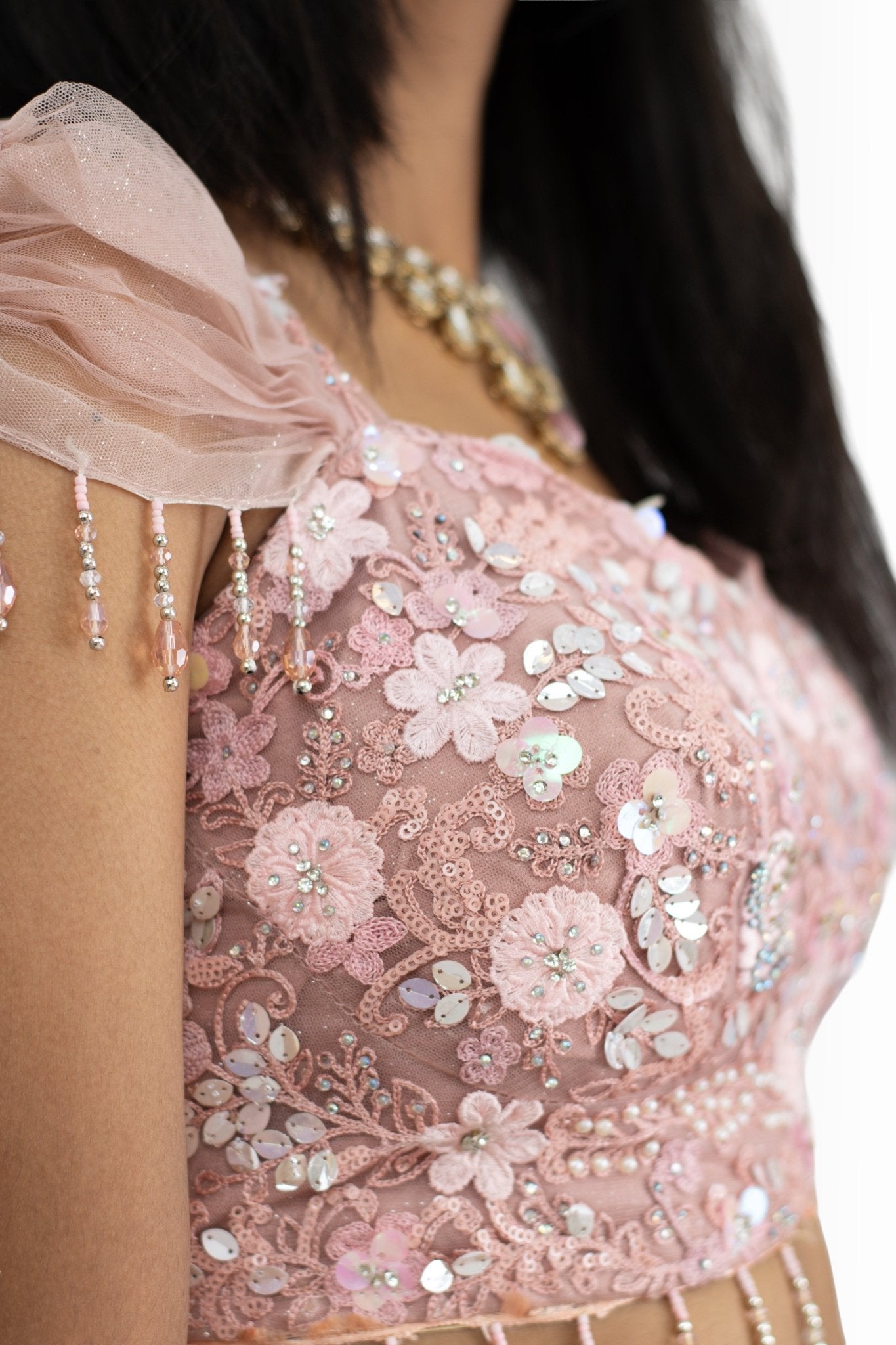 Luxury Blush Bloom lehenga set with hand embroidery and floral accents