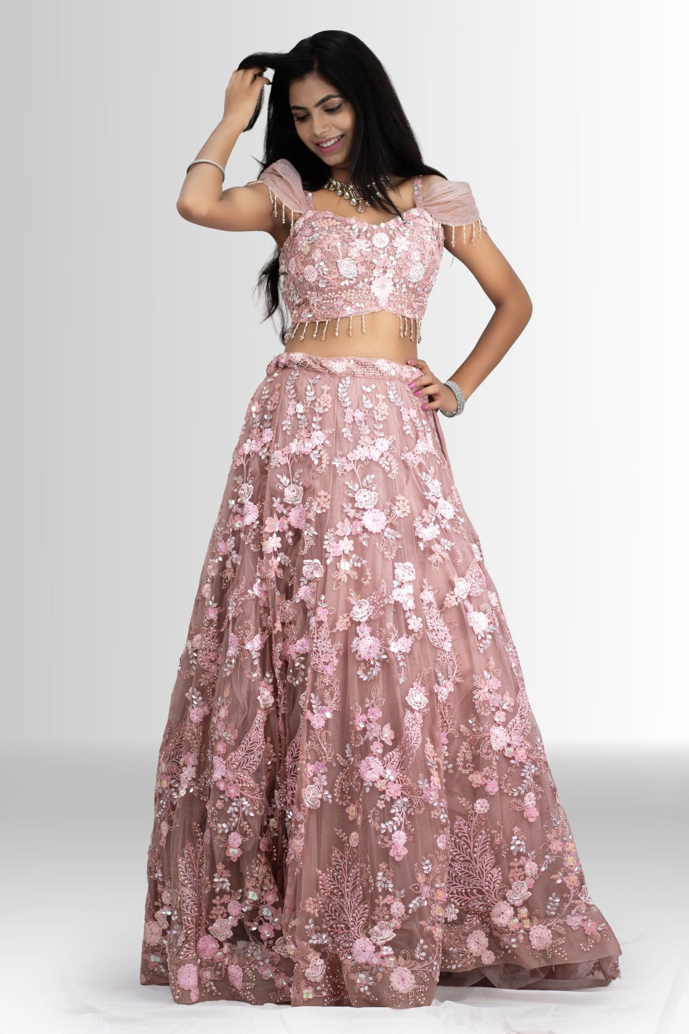 Elegant Blush Bloom lehenga set with 3D floral embroidery and dupatta