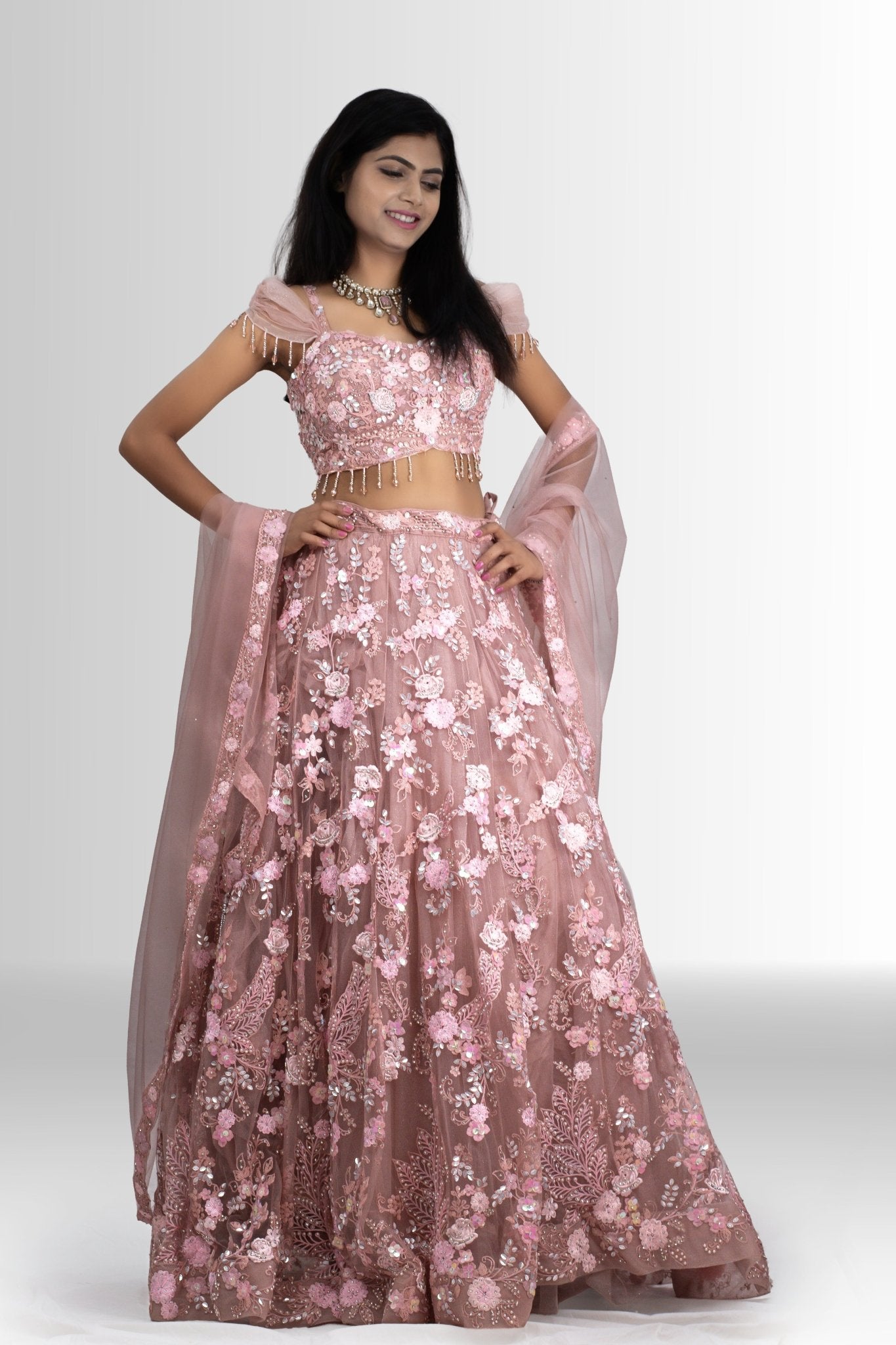Designer Blush Bloom lehenga set with handcrafted 3D floral details