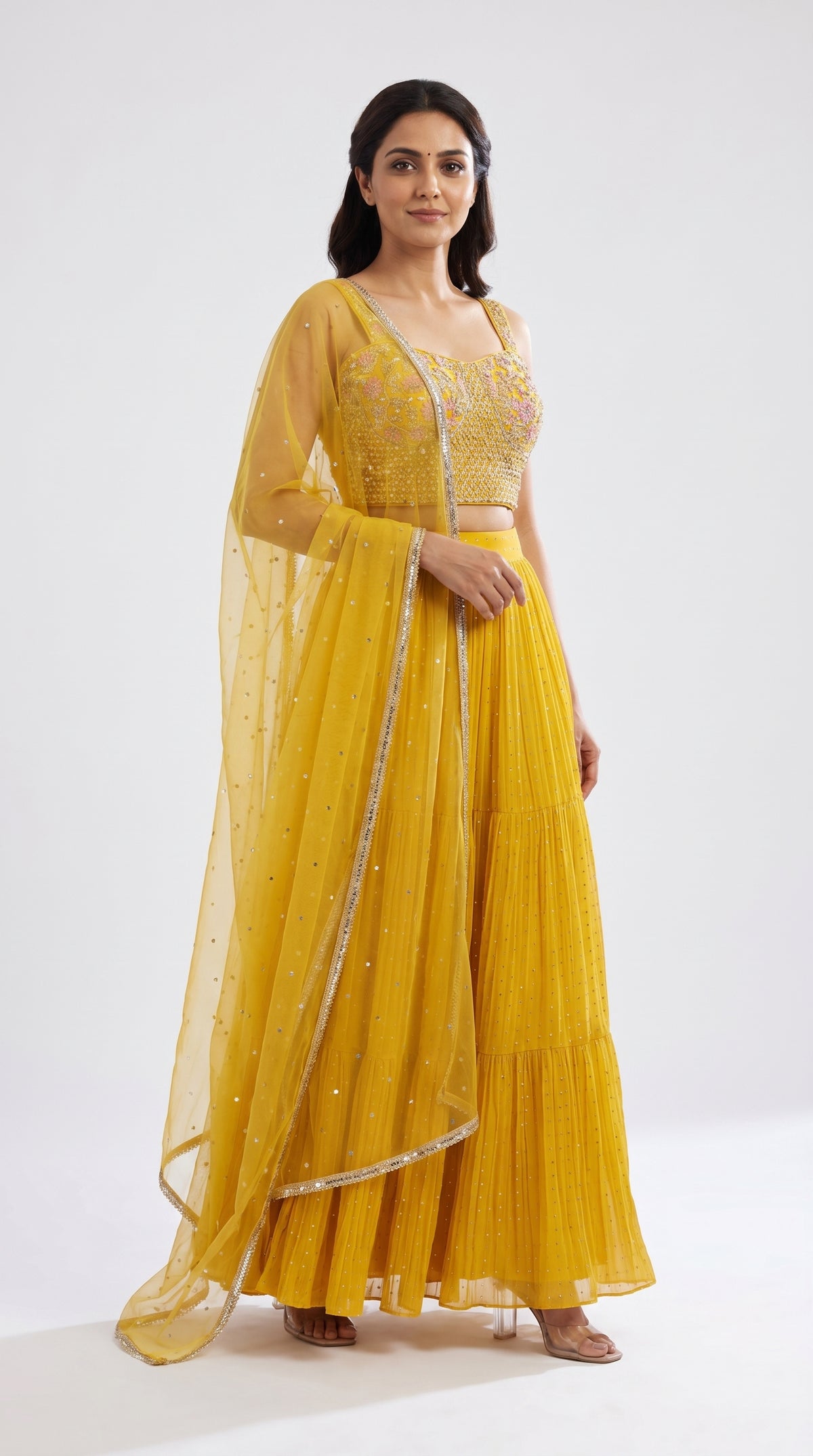 Mustard Yellow Tiered Lehenga Crop Top with Embroidered Blouse & Dupatta Set | Rosio House