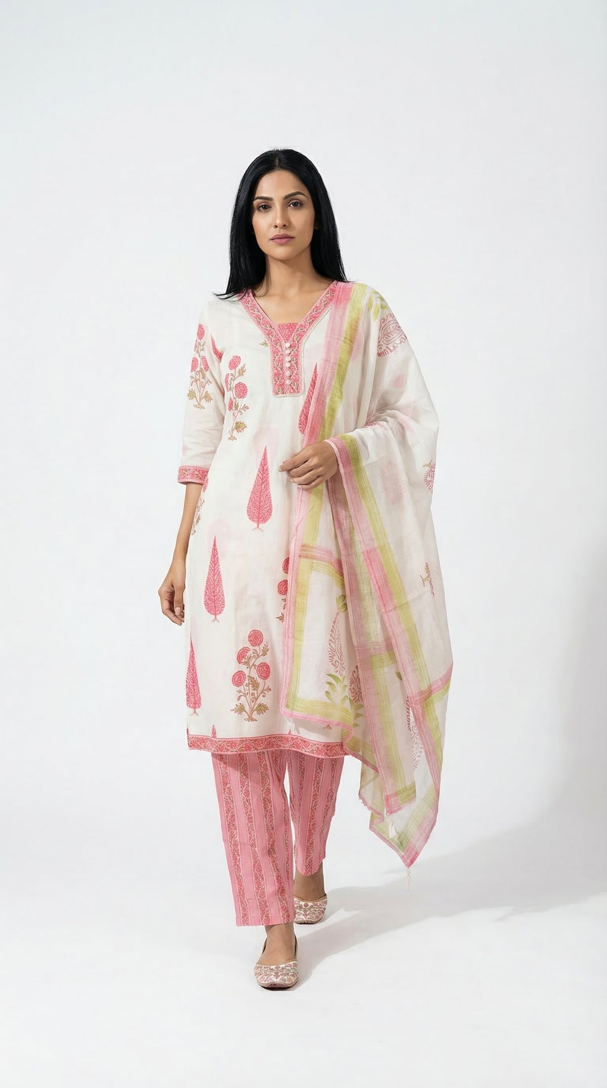 Off-White & Pink Floral Cotton Suit Set | Rosio House