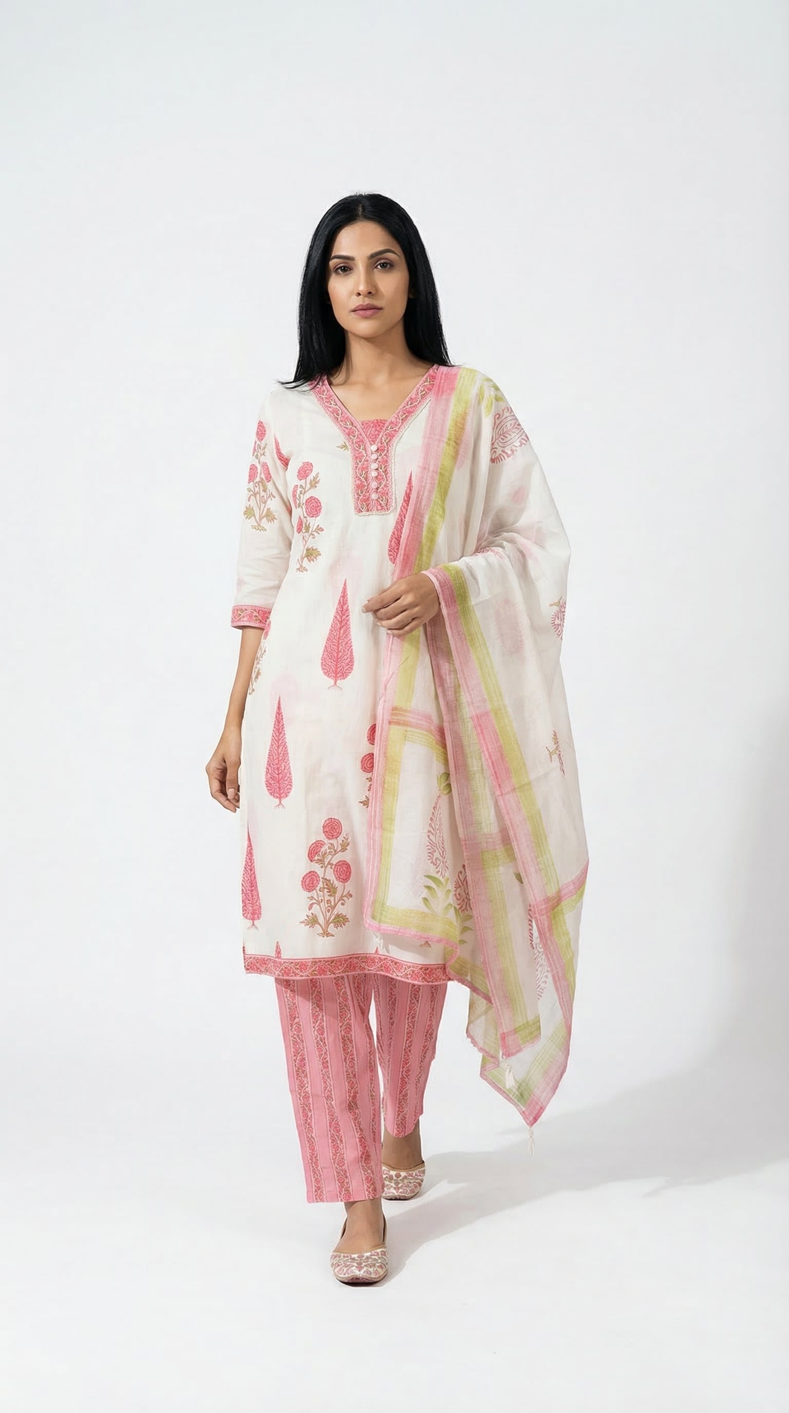 Off-White & Pink Floral Cotton Suit Set | Rosio House
