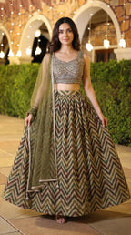 Olive Green Chevron Printed Lightweight Lehenga Set with Handwork Blouse | Rosio House