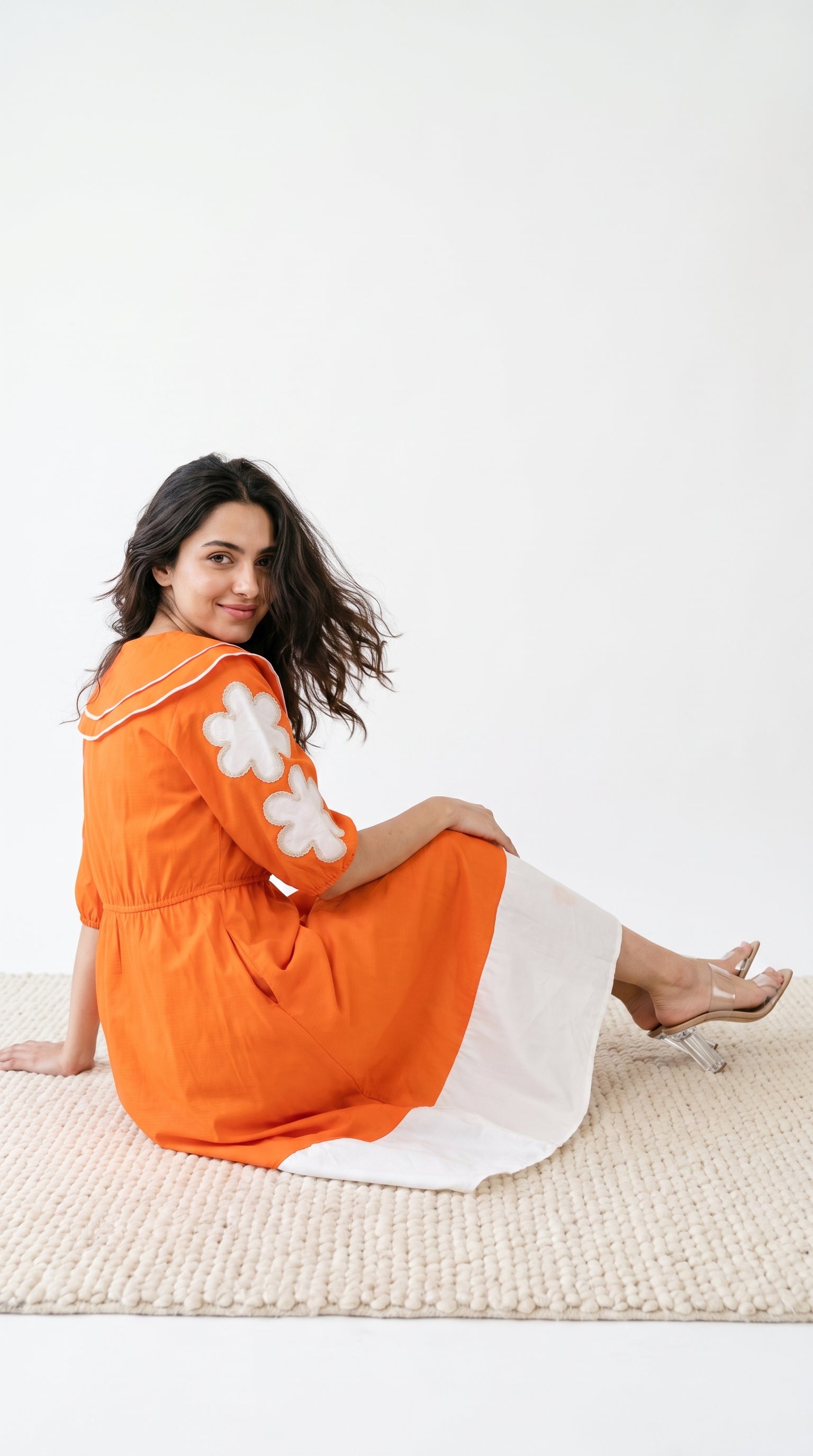 Orange & White Color-Block Midi Dress with Flower Appliqué | Rosio House
