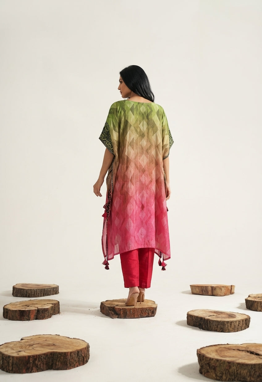 Ombre Embellished Kaftan & Red Slim Pants Set | Rosio House