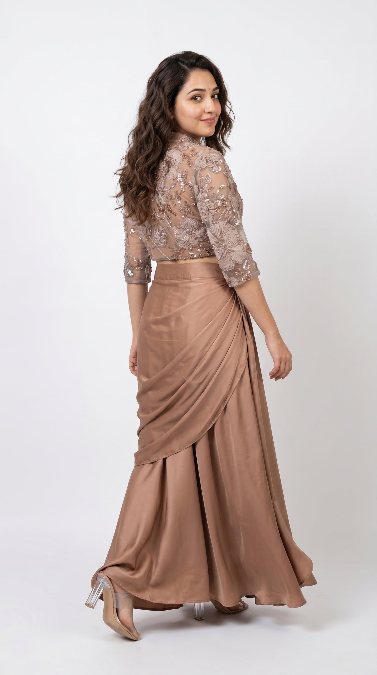Champagne Beige Indo-Western Drape Skirt Set with Embroidered Short Jacket | Rosio House