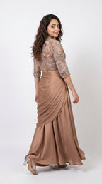 Champagne Beige Indo-Western Drape Skirt Set with Embroidered Short Jacket | Rosio House