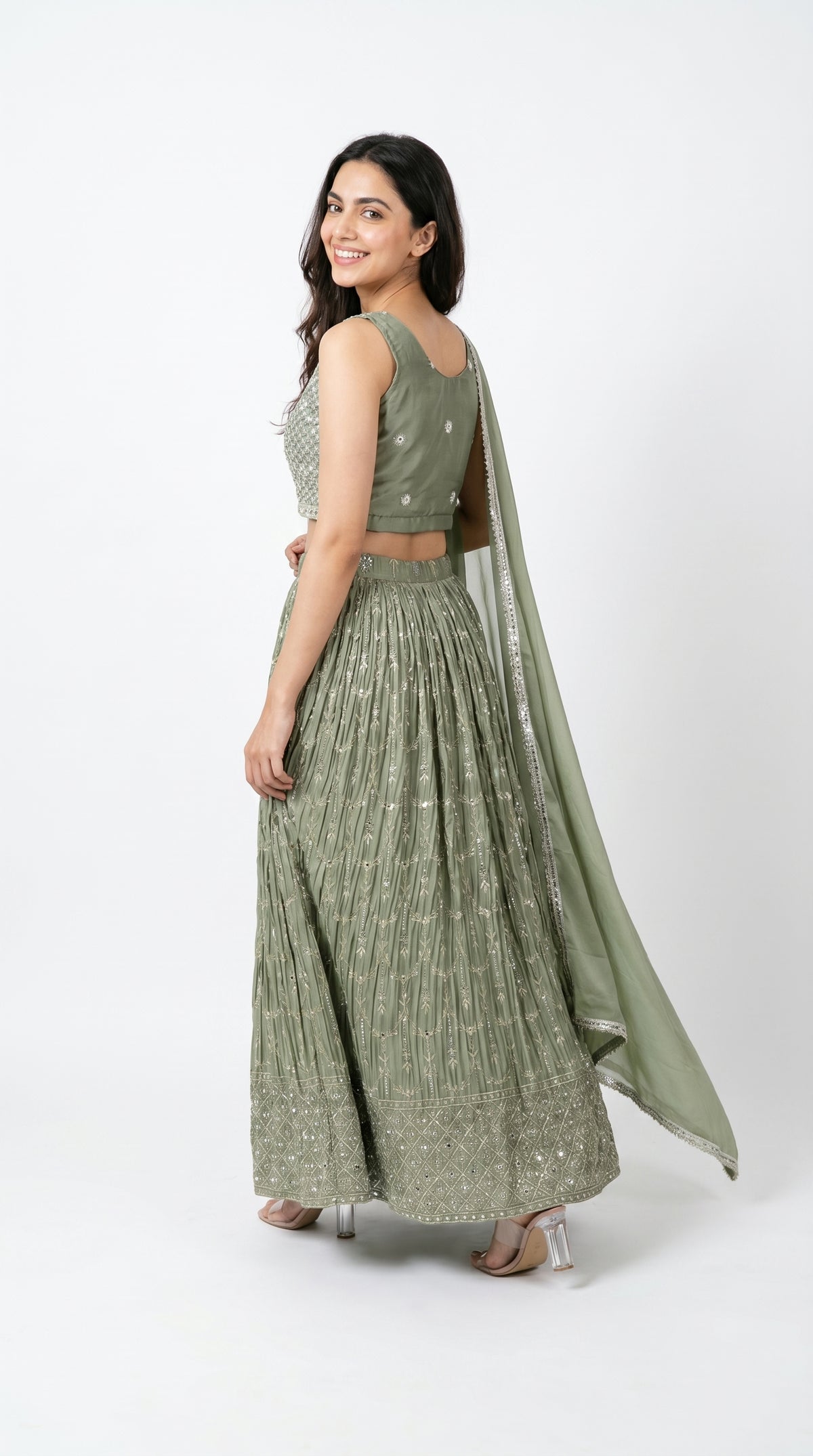 Sage Green Pleated Lightweight Lehenga Set | Rosio House