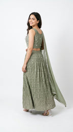 Sage Green Pleated Lightweight Lehenga Set | Rosio House