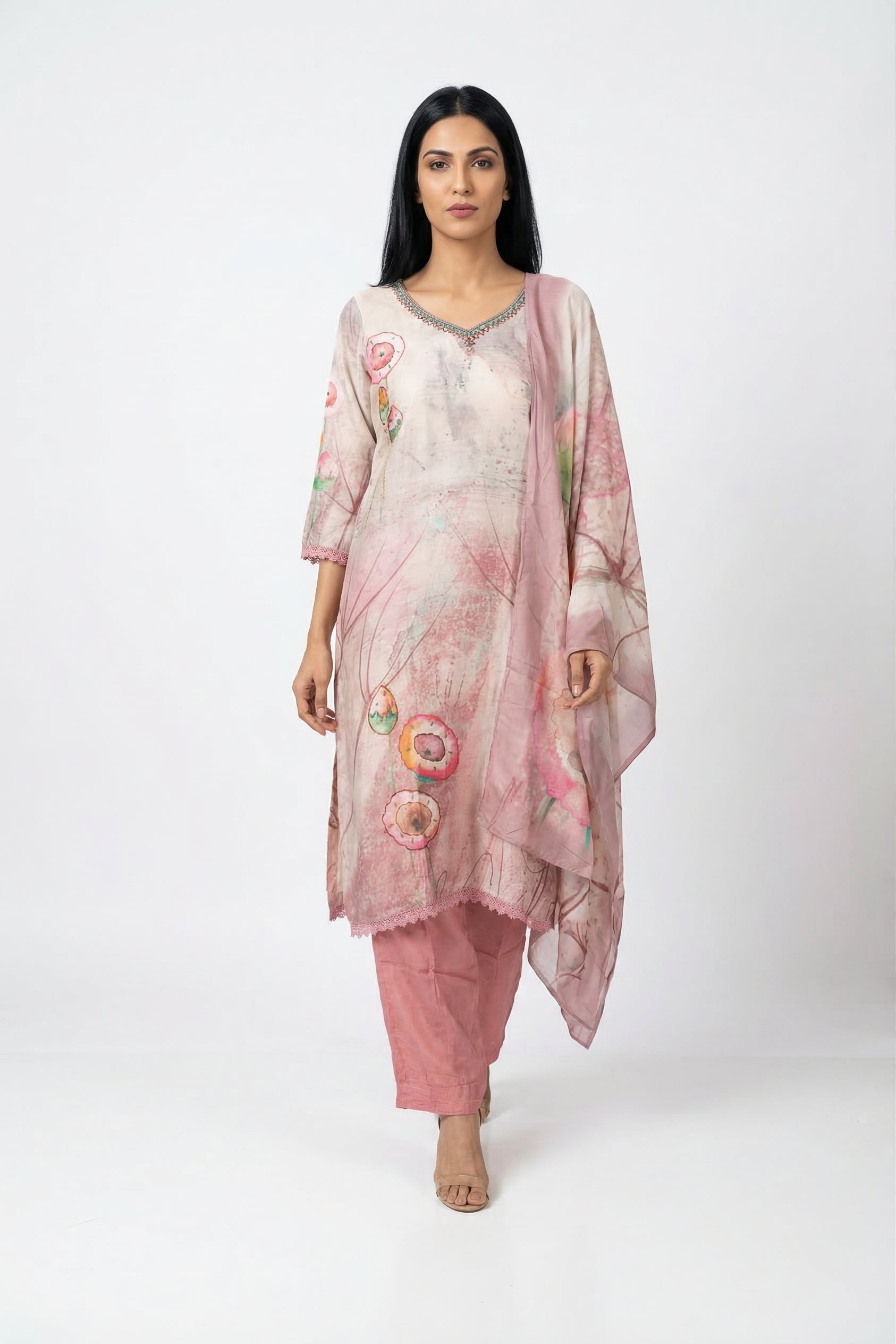 Blush Pink Printed Cotton Suit Set | Kurta, Pants & Dupatta | Rosio House