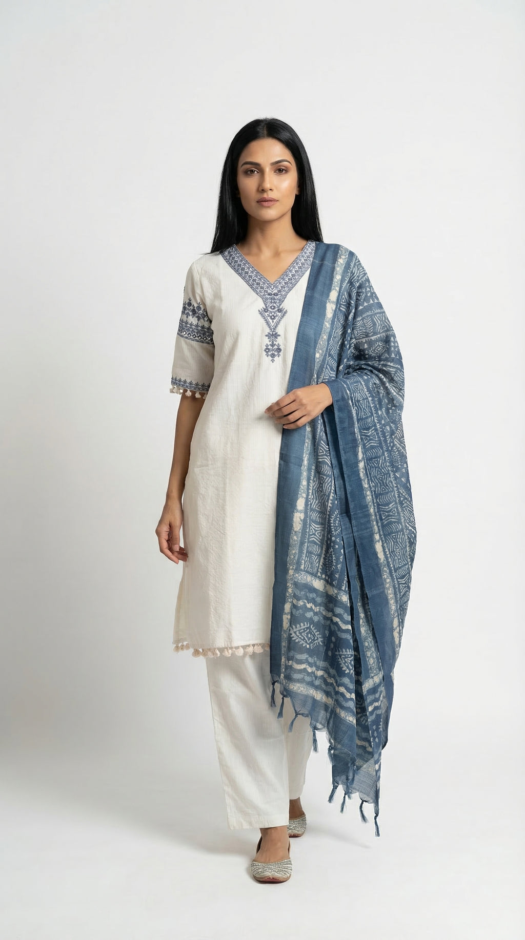 Off-White Embroidered Cotton Suit with Indigo Dupatta | Rosio House