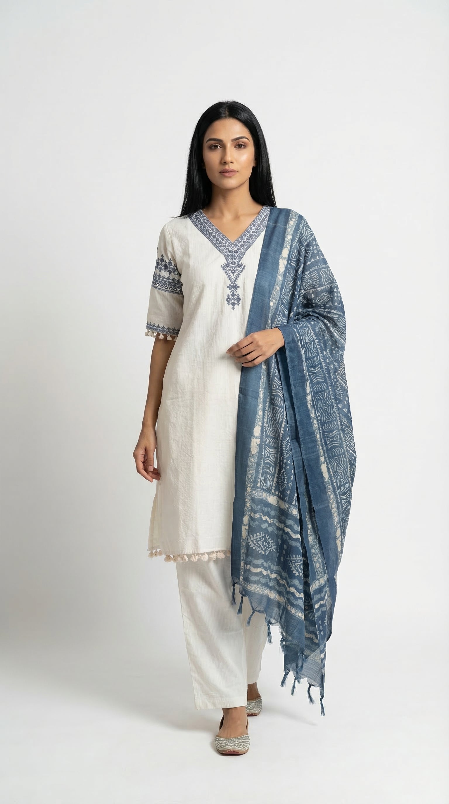 Off-White Embroidered Cotton Suit with Indigo Dupatta | Rosio House