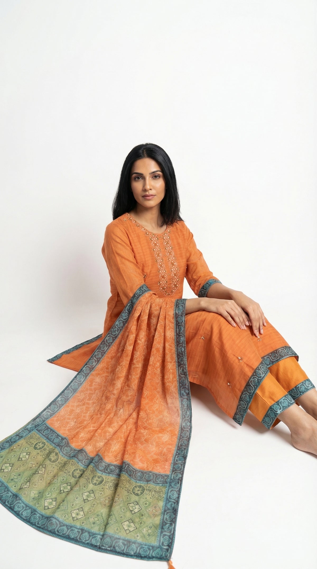 Zesty Orange Embroidered Women Cotton Suit | Rosio House