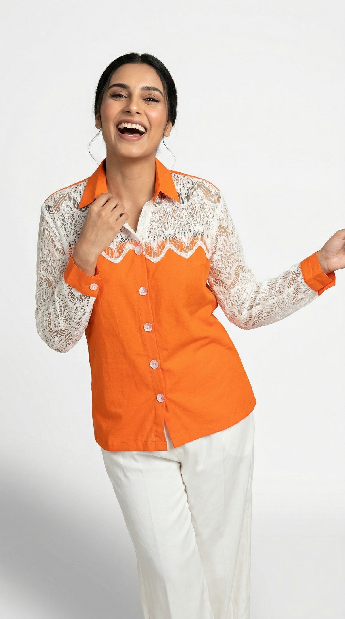 Orange & White Cotton Cord Set with Schiffli Lace | Rosio House