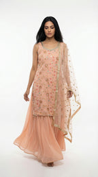 Peach Embroidered Sharara Set with Net Chunni | Rosio House