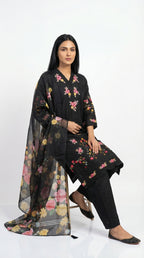 Black Multi-Floral Embroidered Cotton Suit with Dupatta | Rosio House