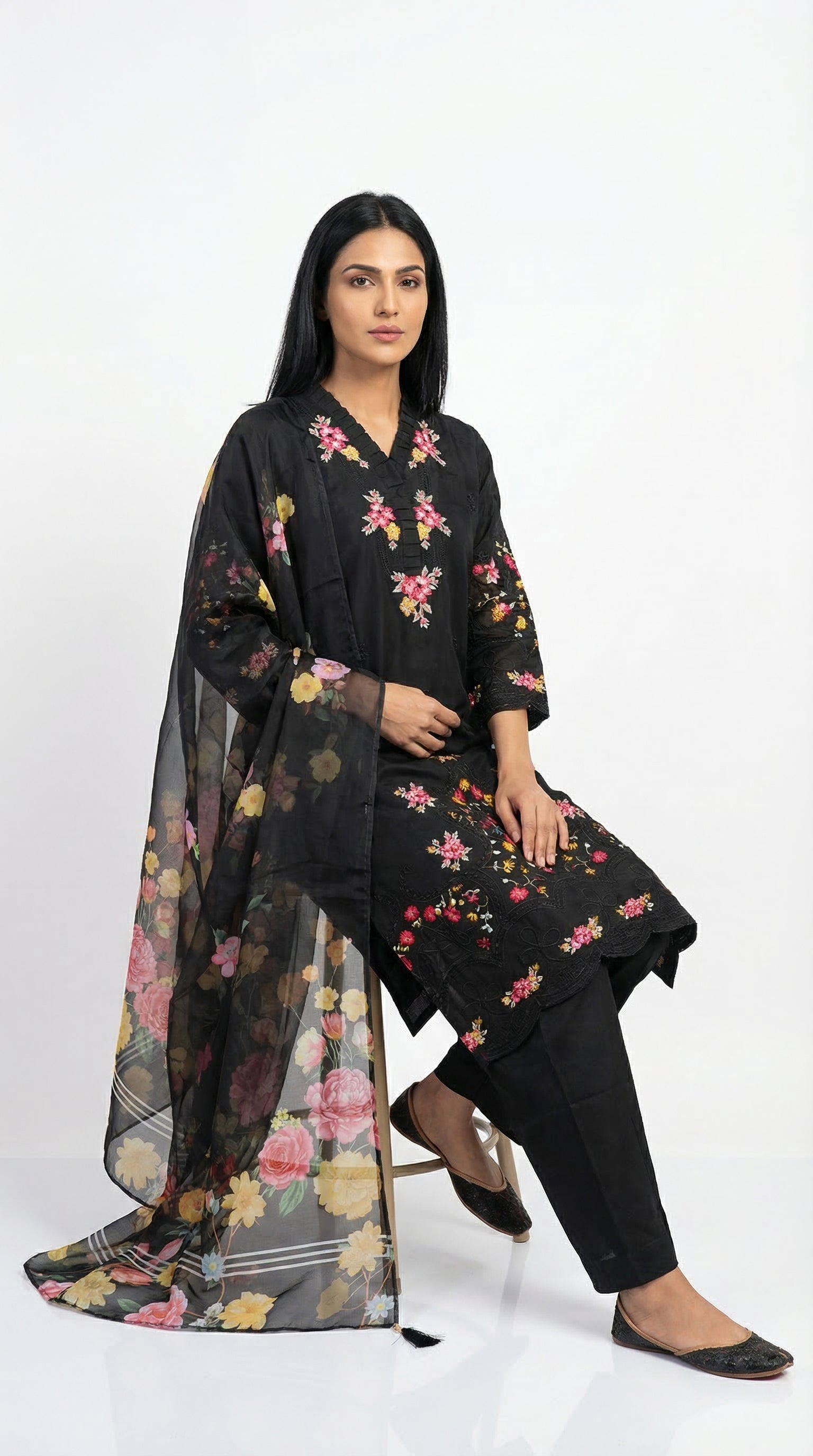Black Multi-Floral Embroidered Cotton Suit with Dupatta | Rosio House
