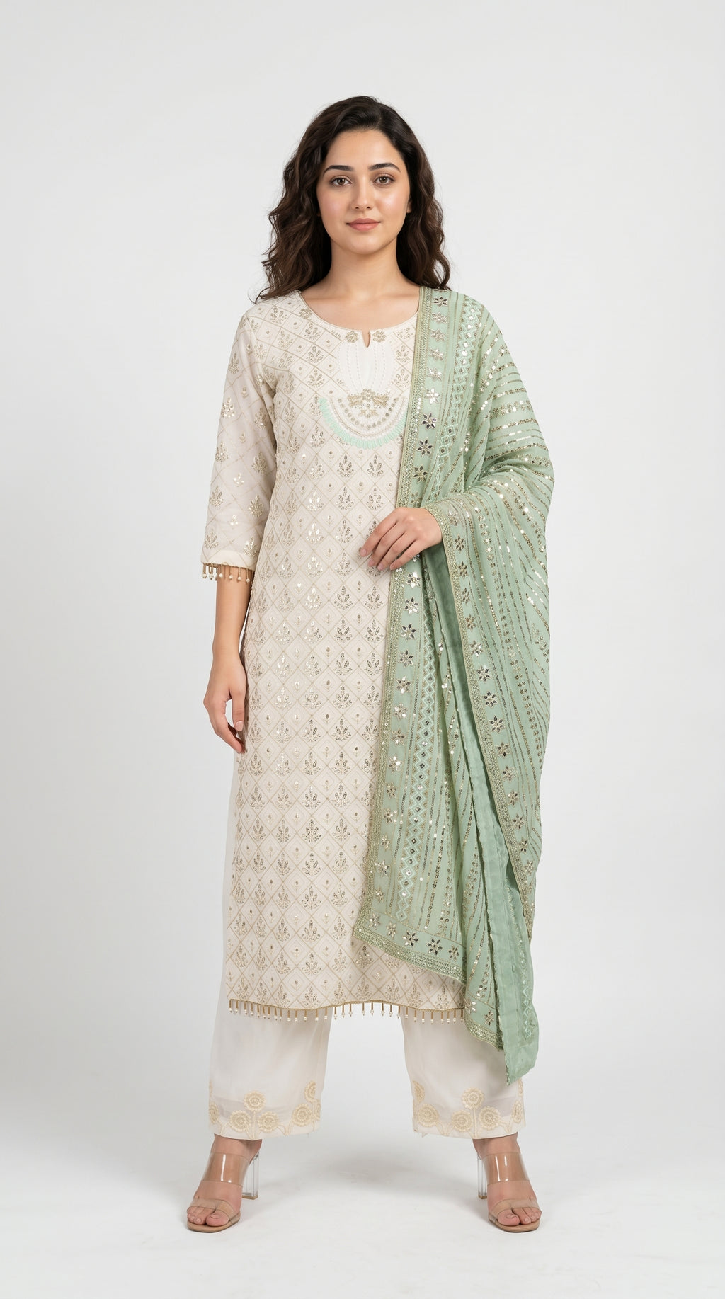 Off-White Embroidered and Mirror Kurta Set with Mint Dupatta | Rosio House