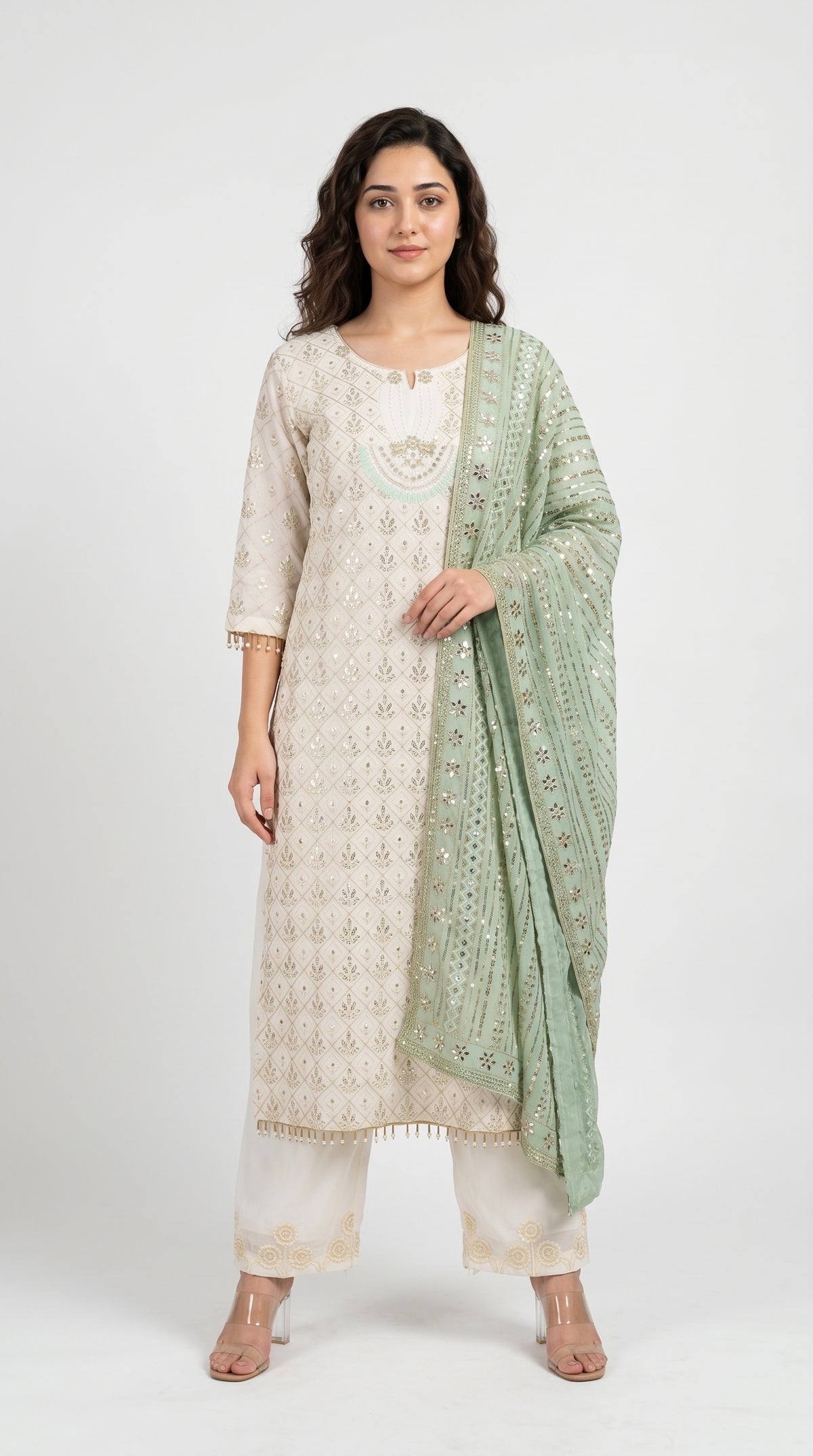 Off-White Embroidered and Mirror Kurta Set with Mint Dupatta | Rosio House