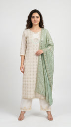Off-White Embroidered and Mirror Kurta Set with Mint Dupatta | Rosio House