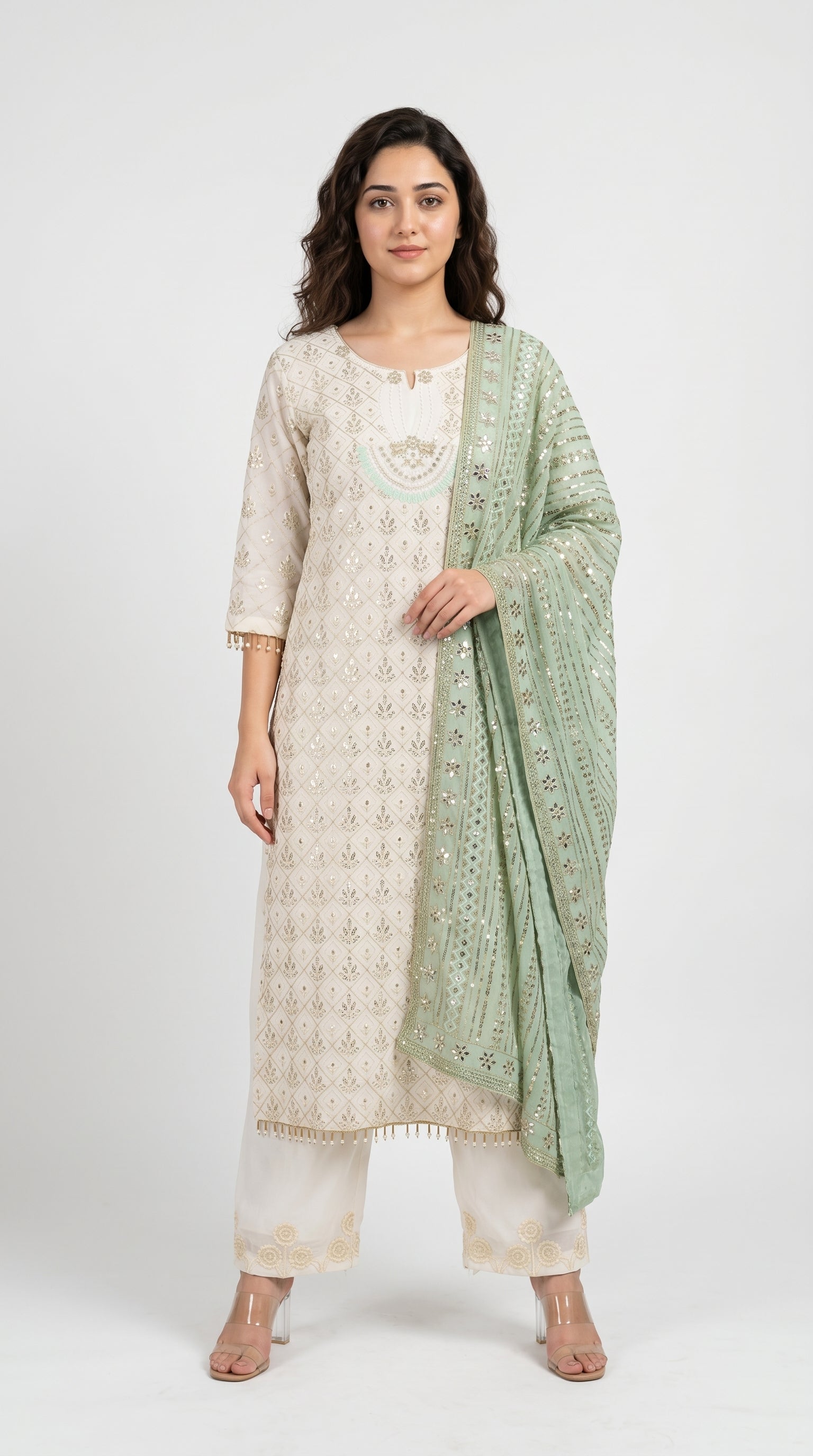 Off-White Embroidered and Mirror Kurta Set with Mint Dupatta | Rosio House