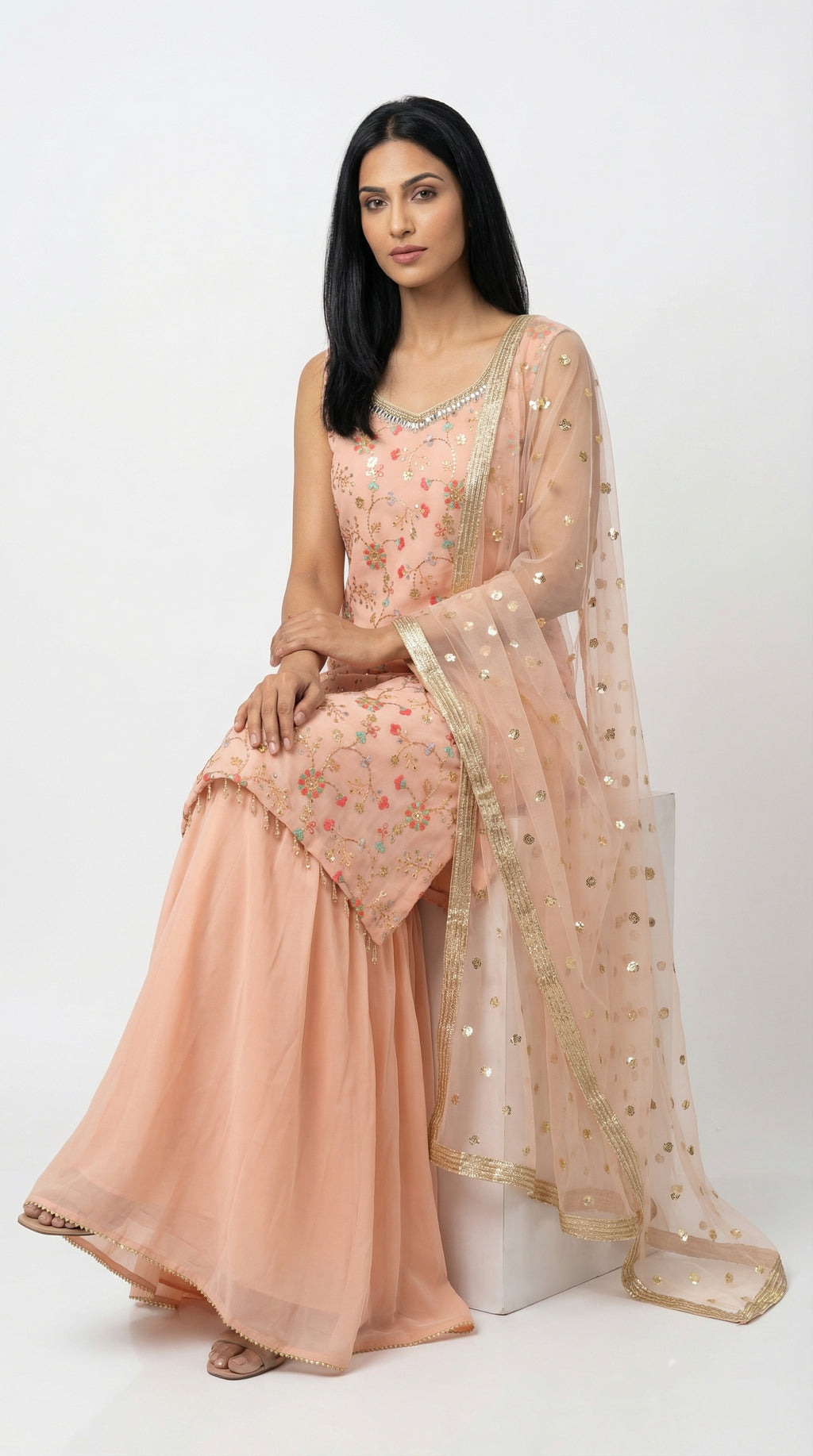 Peach Embroidered Sharara Set with Net Chunni | Rosio House