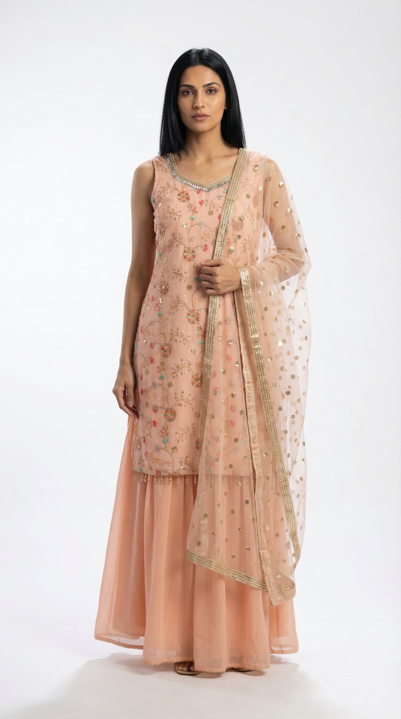 Peach Embroidered Sharara Set with Net Chunni | Rosio House