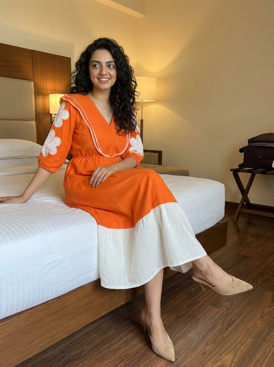 Orange & White Midi Dress