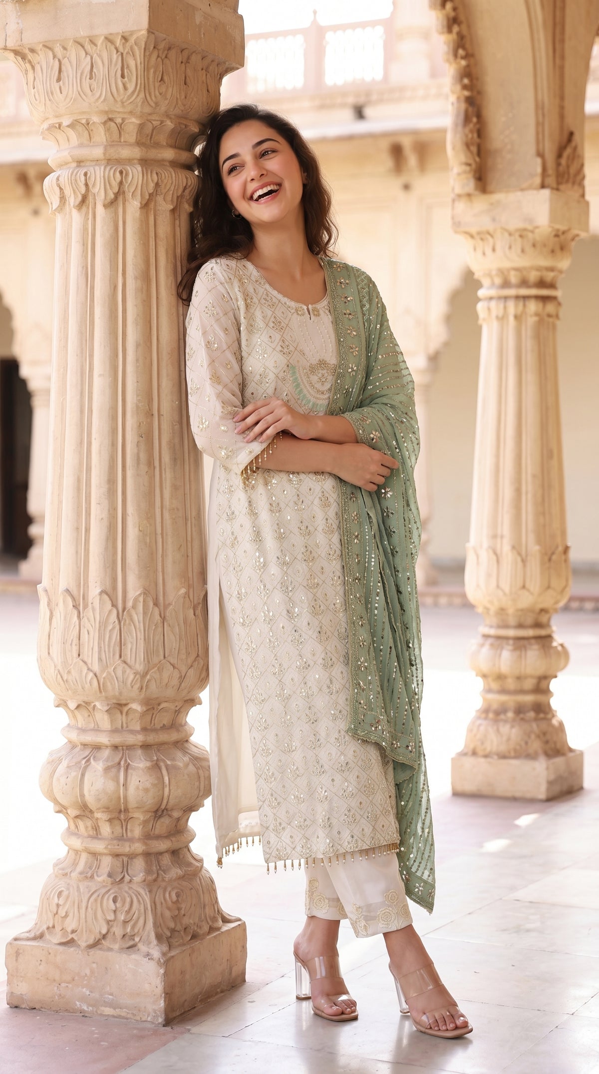 Off-White Embroidered and Mirror Kurta Set with Mint Dupatta | Rosio House