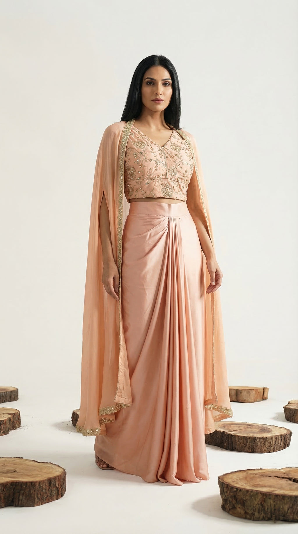 Peach Shrug Style Indo-Western Set | Draped Skirt & Embroidered Crop Top | Rosio House