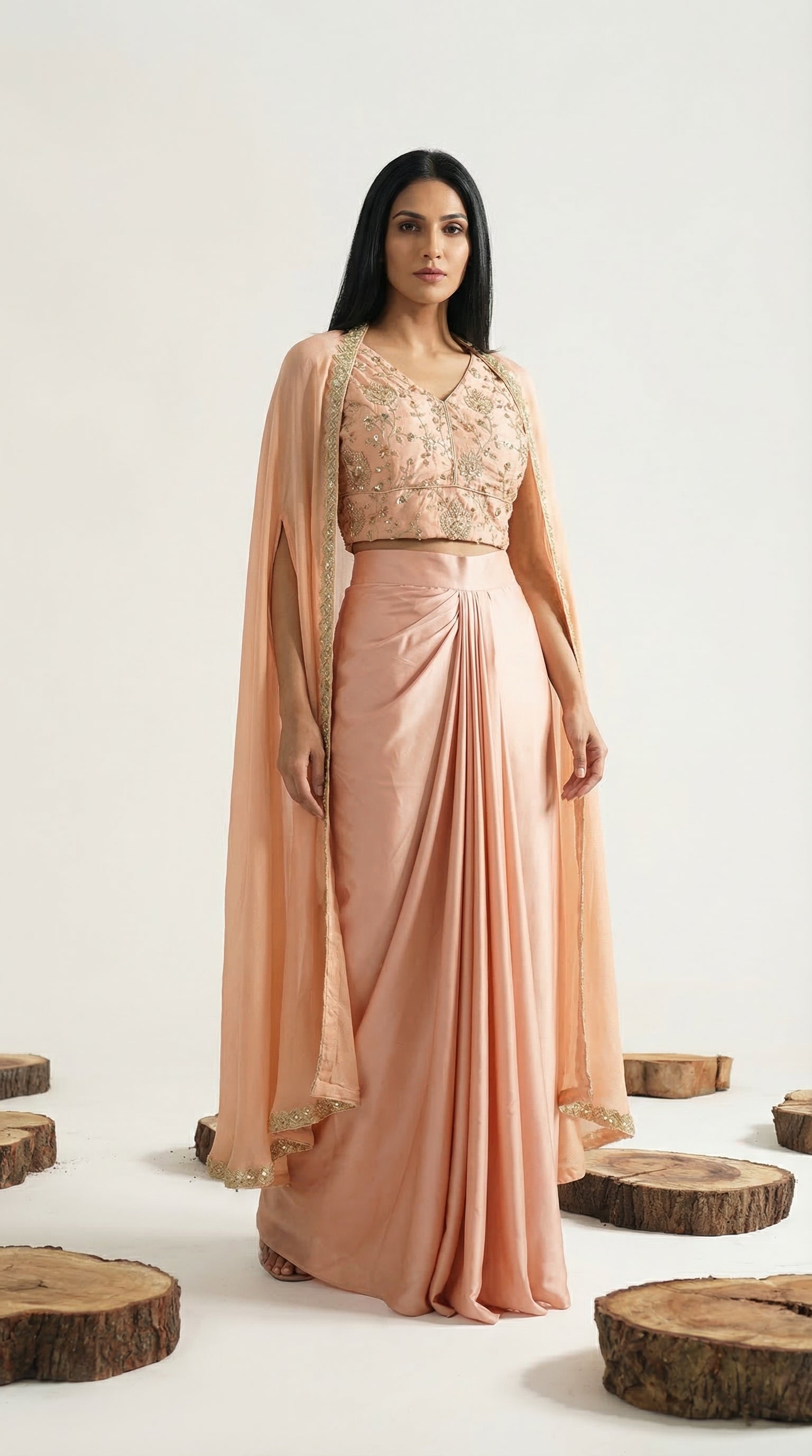 Peach Shrug Style Indo-Western Set | Draped Skirt & Embroidered Crop Top | Rosio House