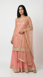 Peach Pink Brocade Sharara Set with Sequin Net Dupatta | Rosio House