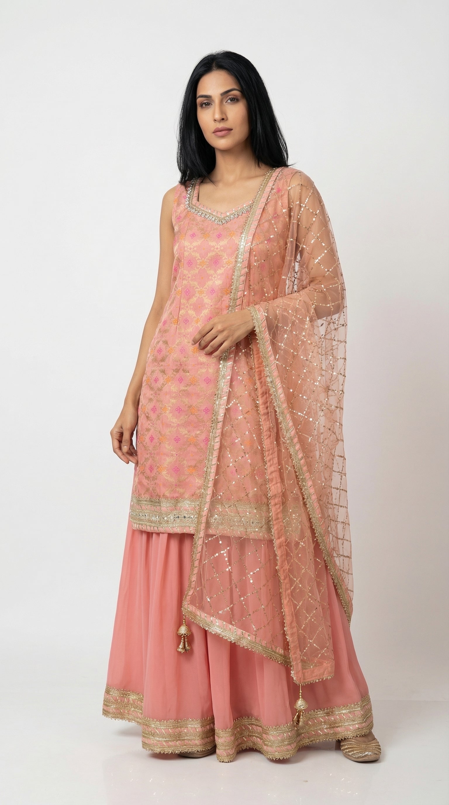 Peach Pink Brocade Sharara Set with Sequin Net Dupatta | Rosio House