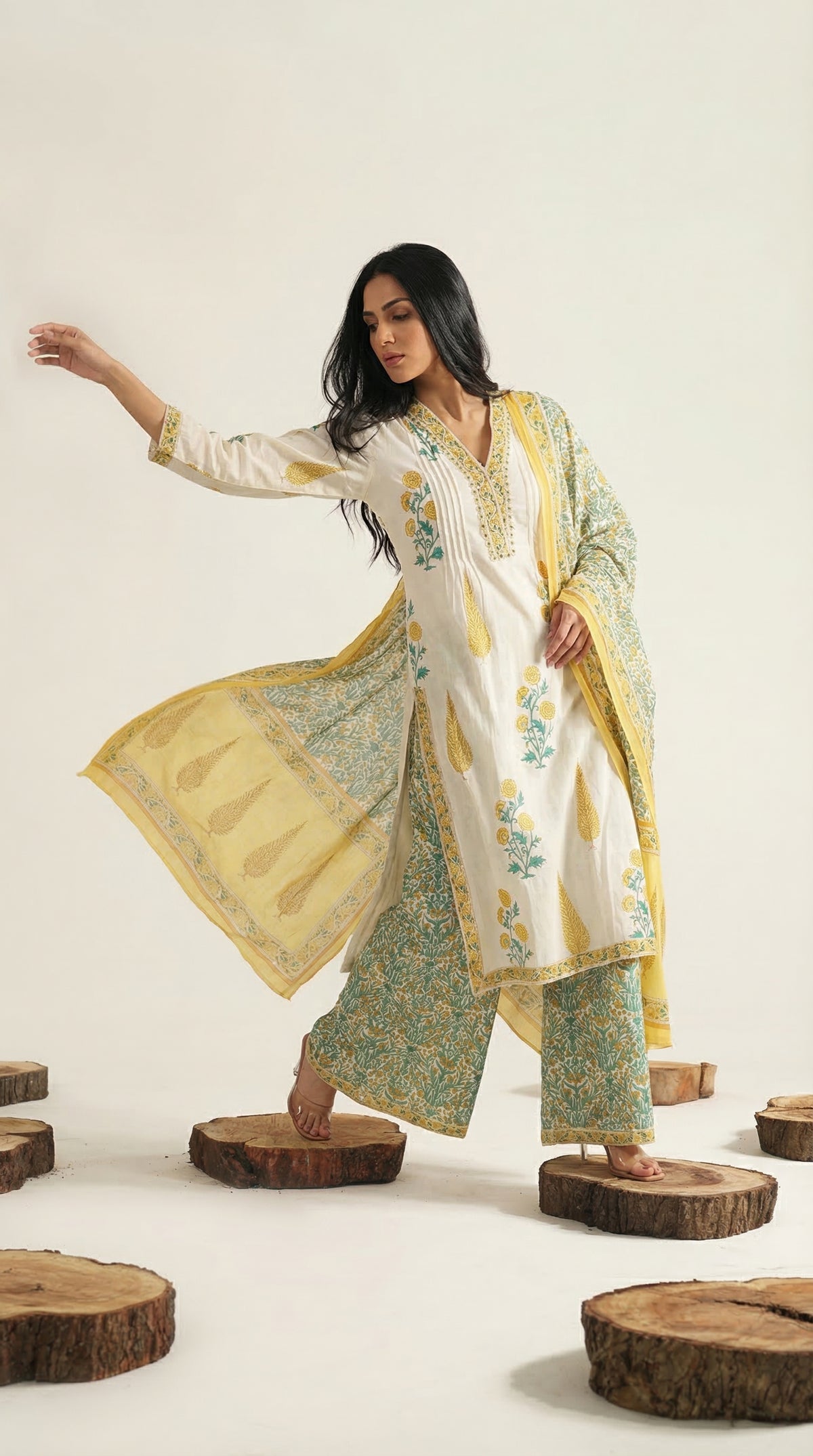 Ivory Yellow Block Print Cotton Suit Set | Rosio House