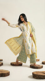 Ivory Yellow Block Print Cotton Suit Set | Rosio House