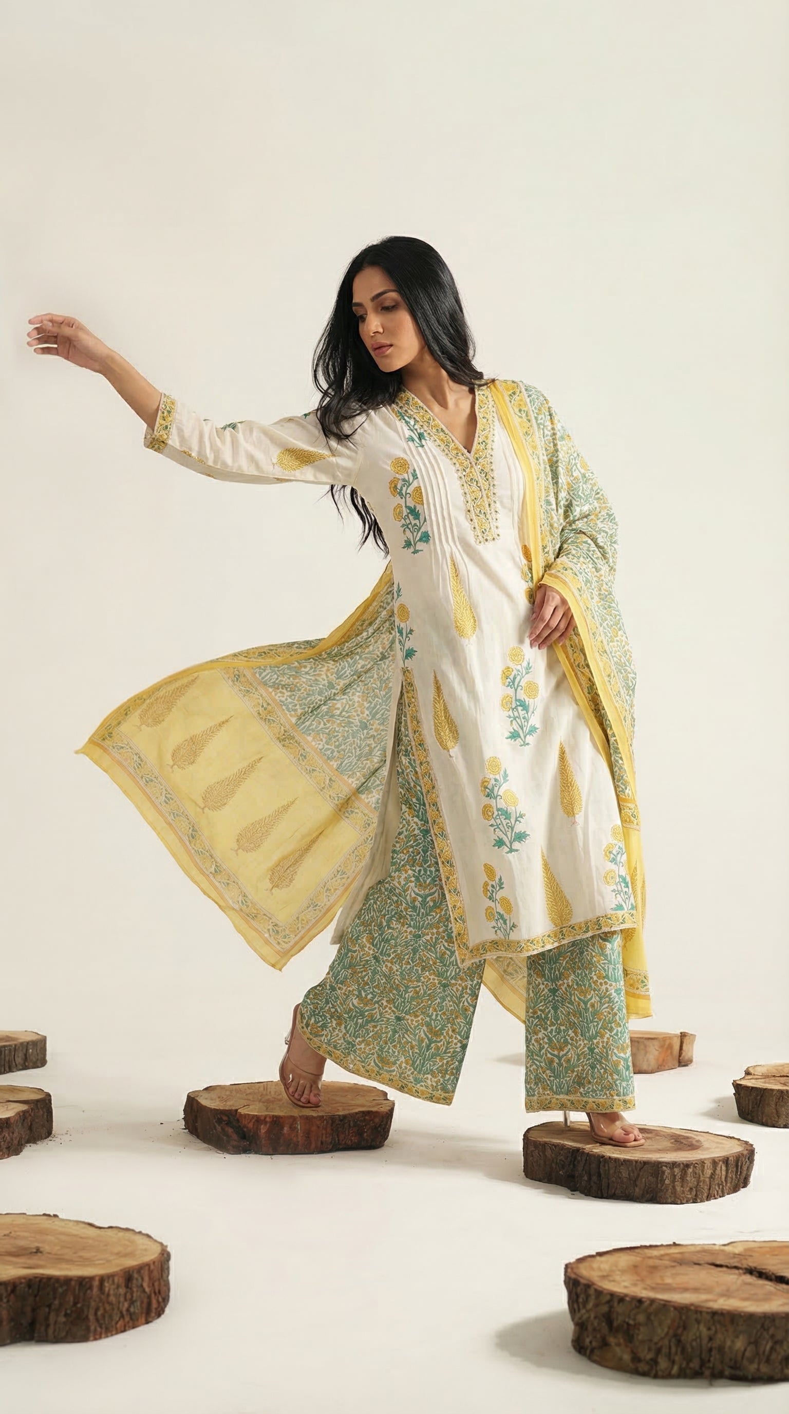 Ivory Yellow Block Print Cotton Suit Set | Rosio House