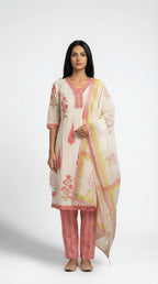 Off-White & Pink Floral Cotton Suit Set | Rosio House