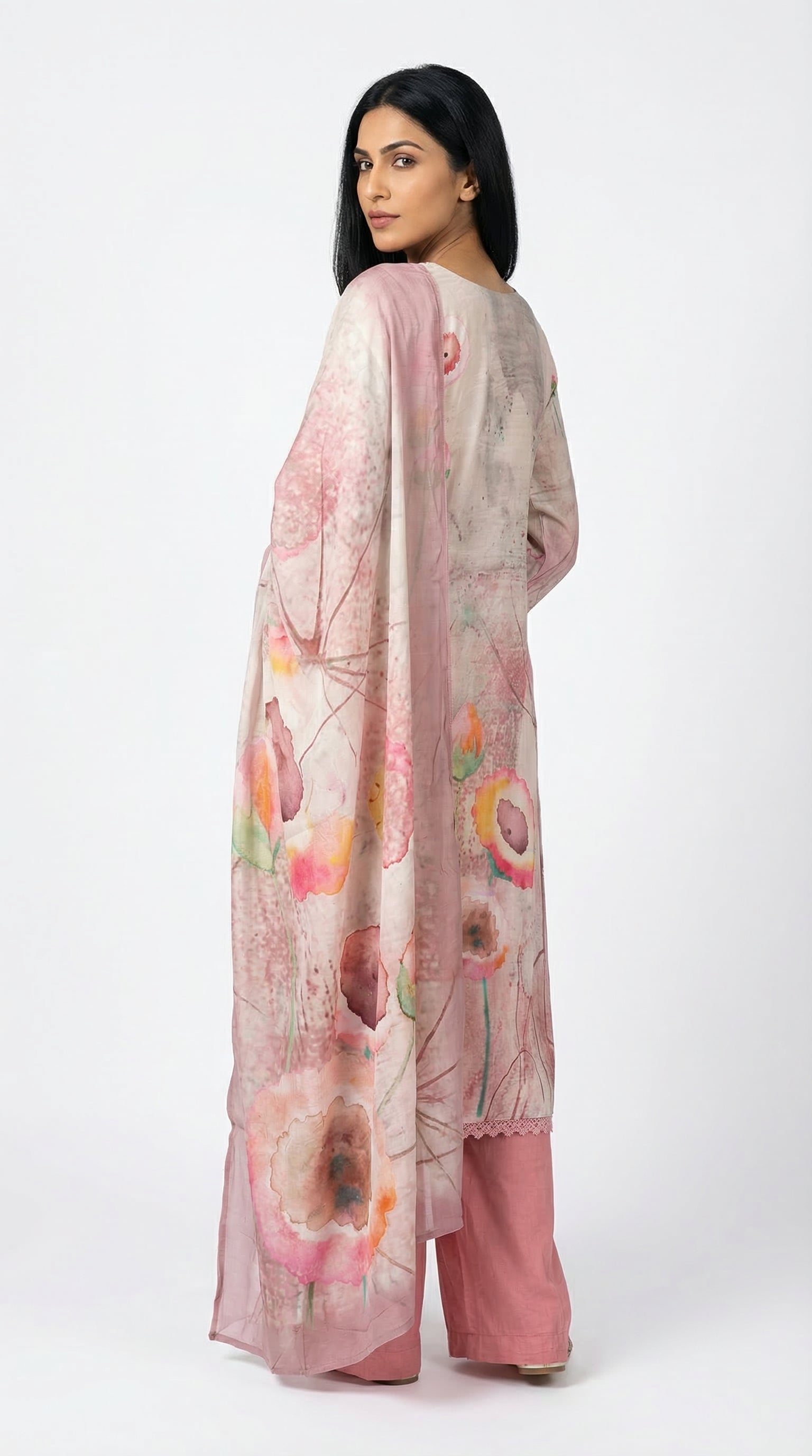 Blush Pink Printed Cotton Suit Set | Kurta, Pants & Dupatta | Rosio House