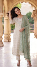 Off-White Embroidered and Mirror Kurta Set with Mint Dupatta | Rosio House