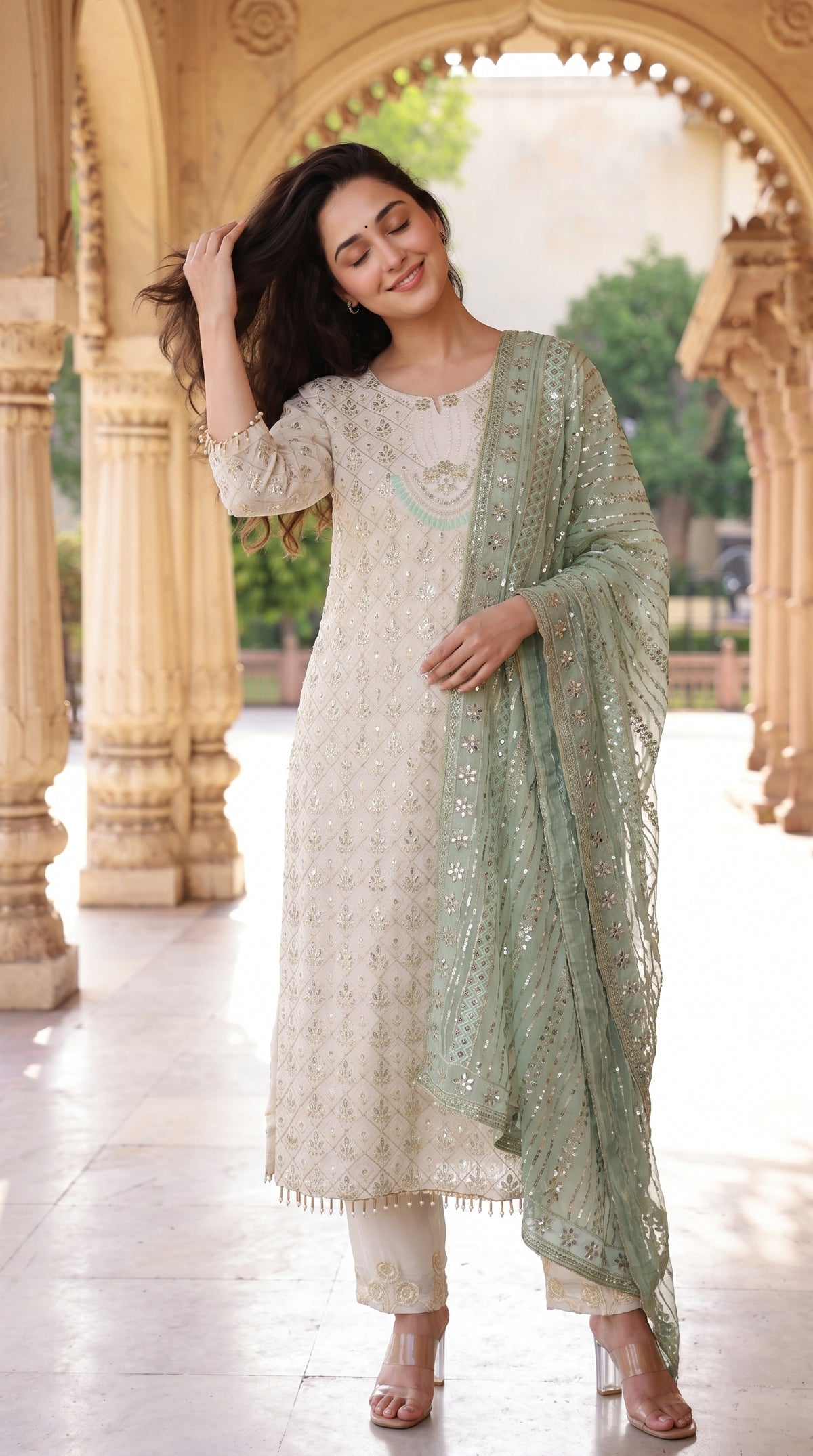 Off-White Embroidered and Mirror Kurta Set with Mint Dupatta | Rosio House