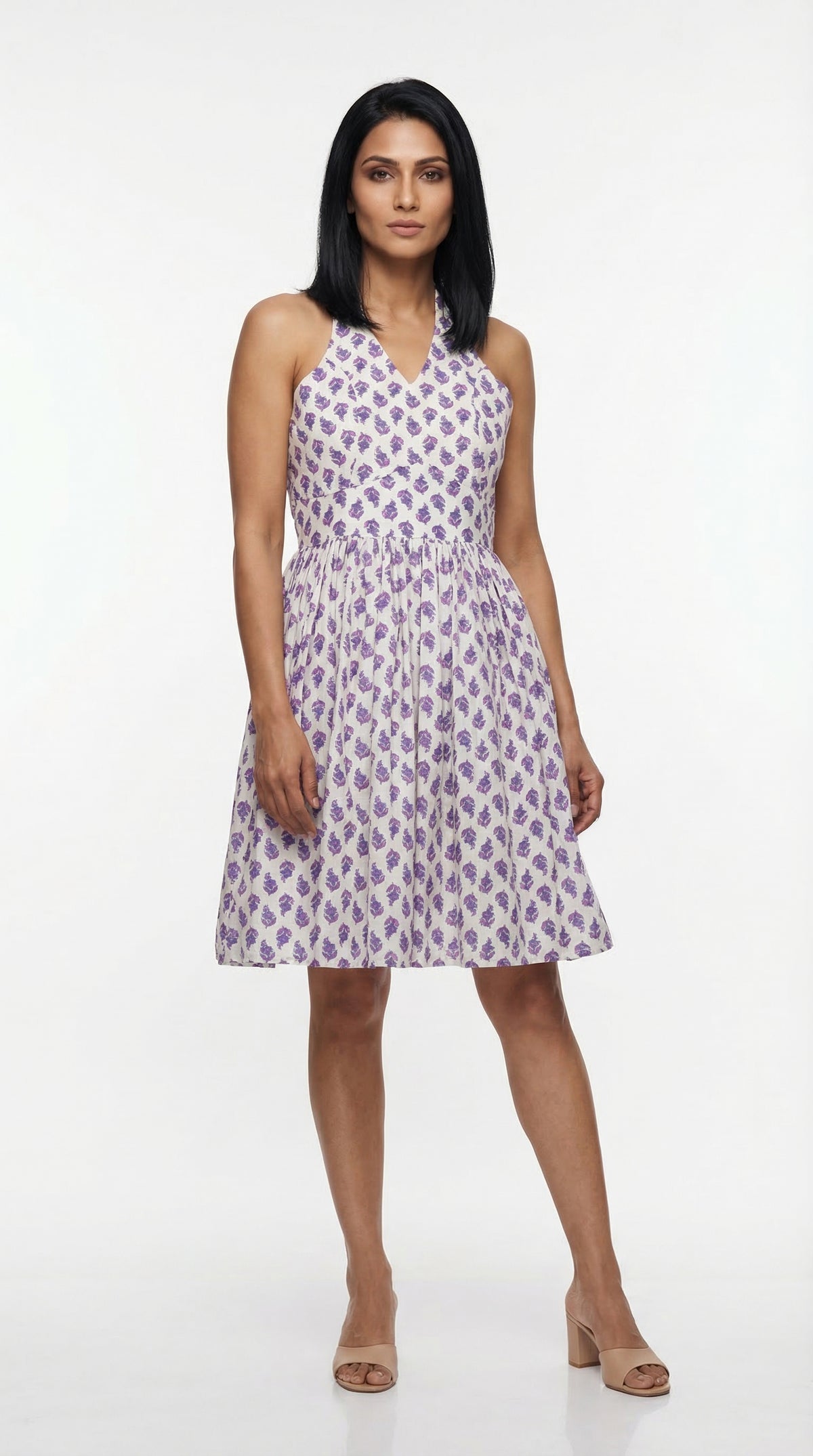 Purple Block Print Halter Neck Cotton Dress with Lining | Rosio House