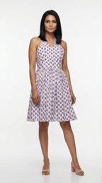 Purple Block Print Halter Neck Cotton Dress with Lining | Rosio House